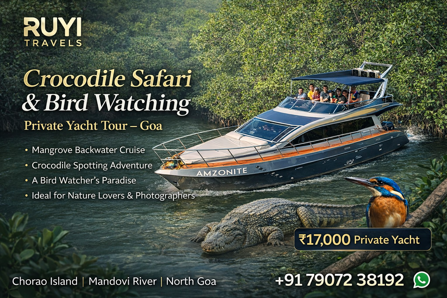Crocodile Safari & Bird Watching Private Yacht Tour – Goa 
