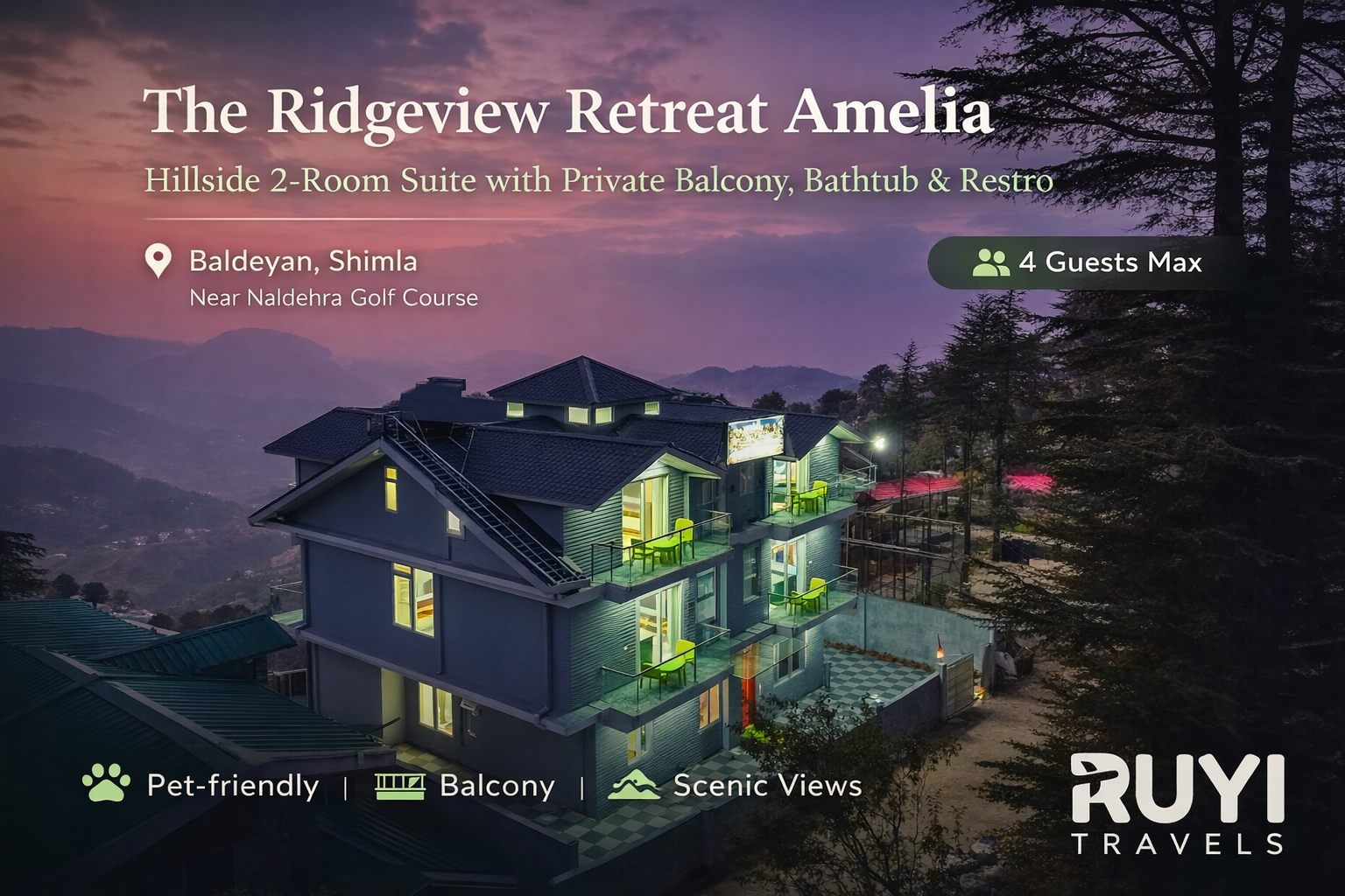 Vaas The Ridgeview Retreat Amelia | Hillside 2-Room Suite with Private Balcony, Bathtub & Restro | Near Naldehra Golf Course | Pet-friendly