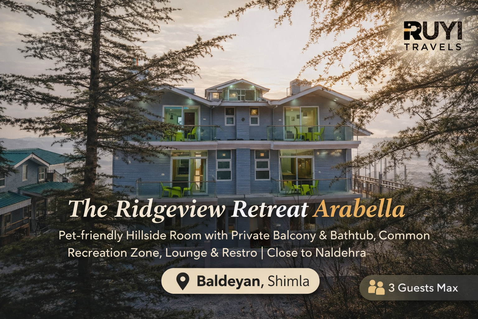 Vaas The Ridgeview Retreat Arabella | Pet-friendly Hillside Room with Private Balcony & Bathtub, Common Recreation Zone, Lounge & Restro | Close to Naldehra
