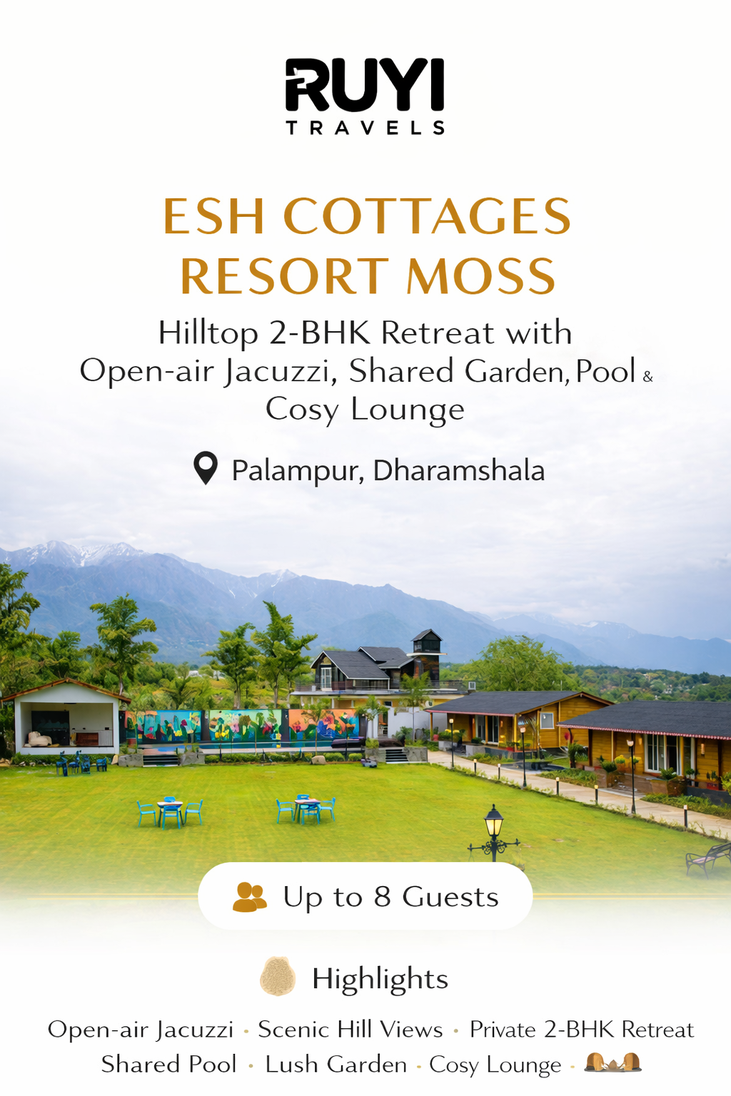 Vaas Esh Cottages Resort Moss | Hilltop 2-BHK Retreat with Open-air Jacuzzi, Shared Garden, Pool & Cosy Lounge