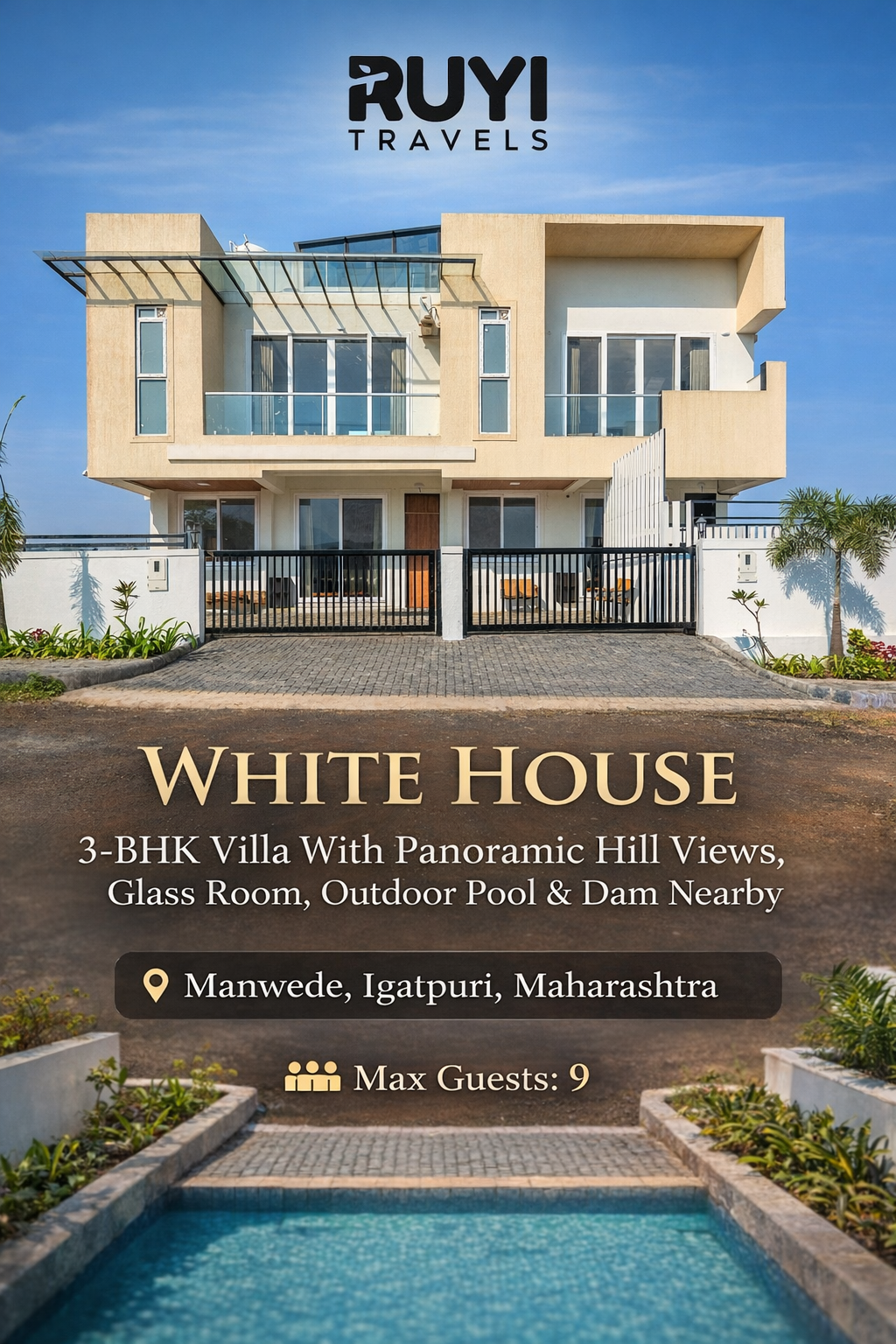 Vaas White House | 3-BHK Villa With panoramic Hill Views, Glass Room, Outdoor Pool & Dam nearby
