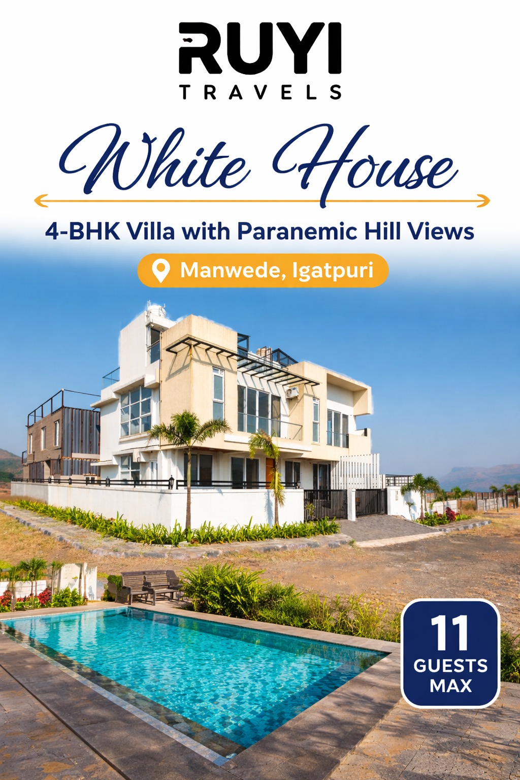 Vaas White House | 4-BHK Villa With panoramic Hill Views, Glass Room, Outdoor Pool & Dam nearby