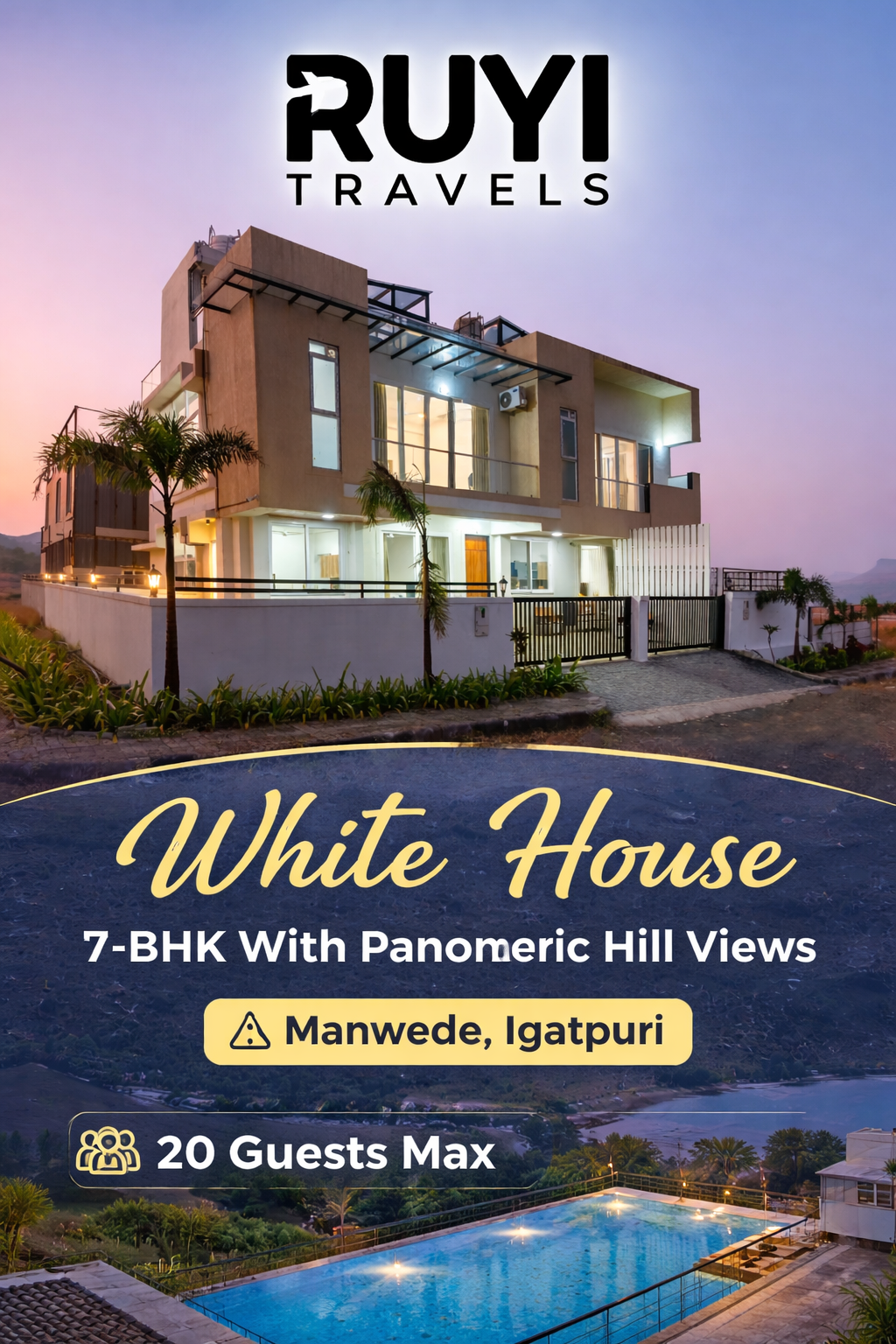 Vaas White House | 7-BHK With Panoramic Hill Views, Glass Room, Outdoor Pools & Dam nearby