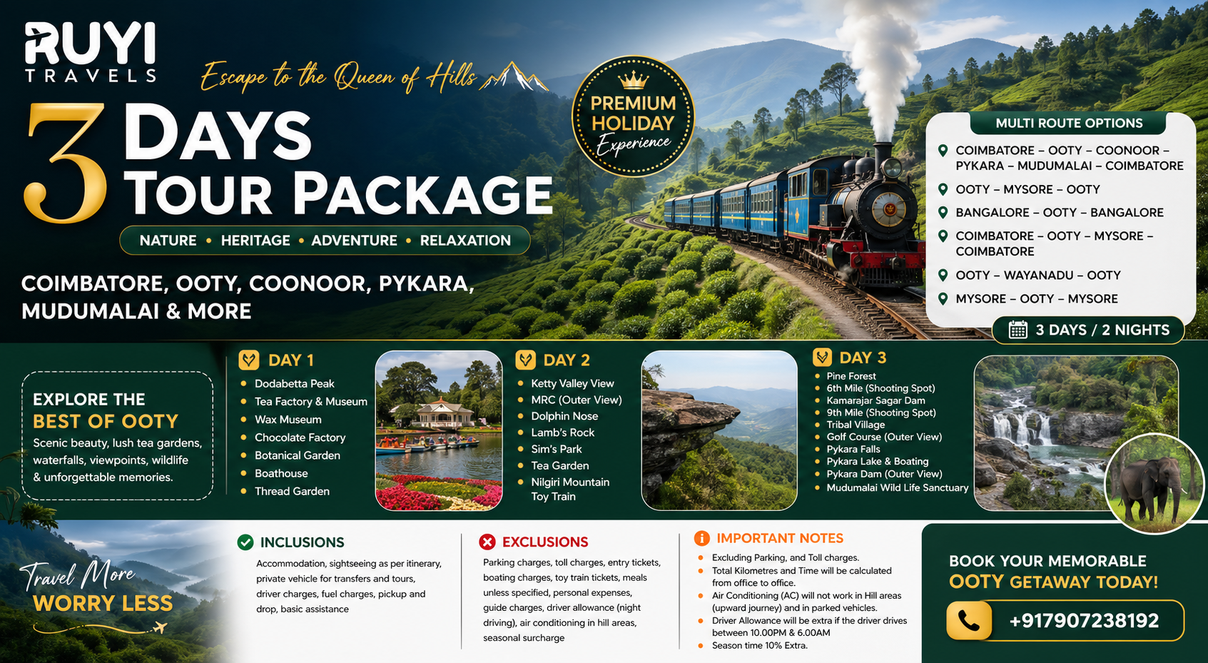 Three Days Ooty Tour Package (Multi Route Options)