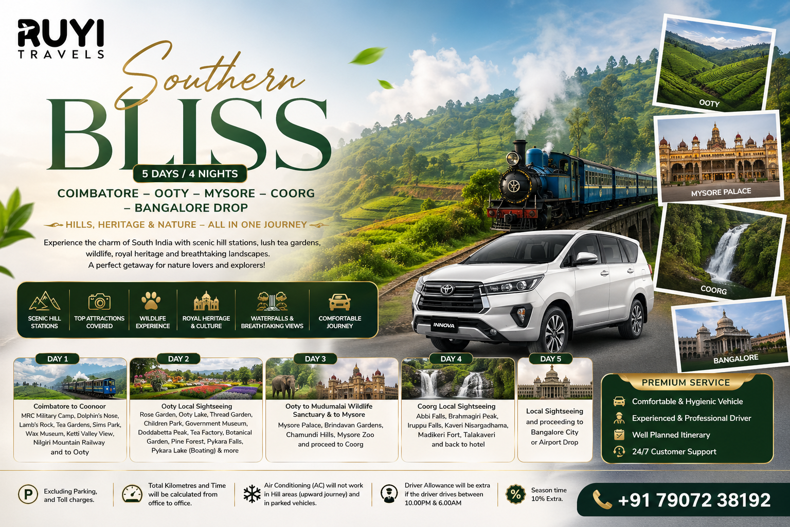 Southern Bliss Tour: Coimbatore – Ooty – Mysore – Coorg – Bangalore Drop (5 Days / 4 Nights)