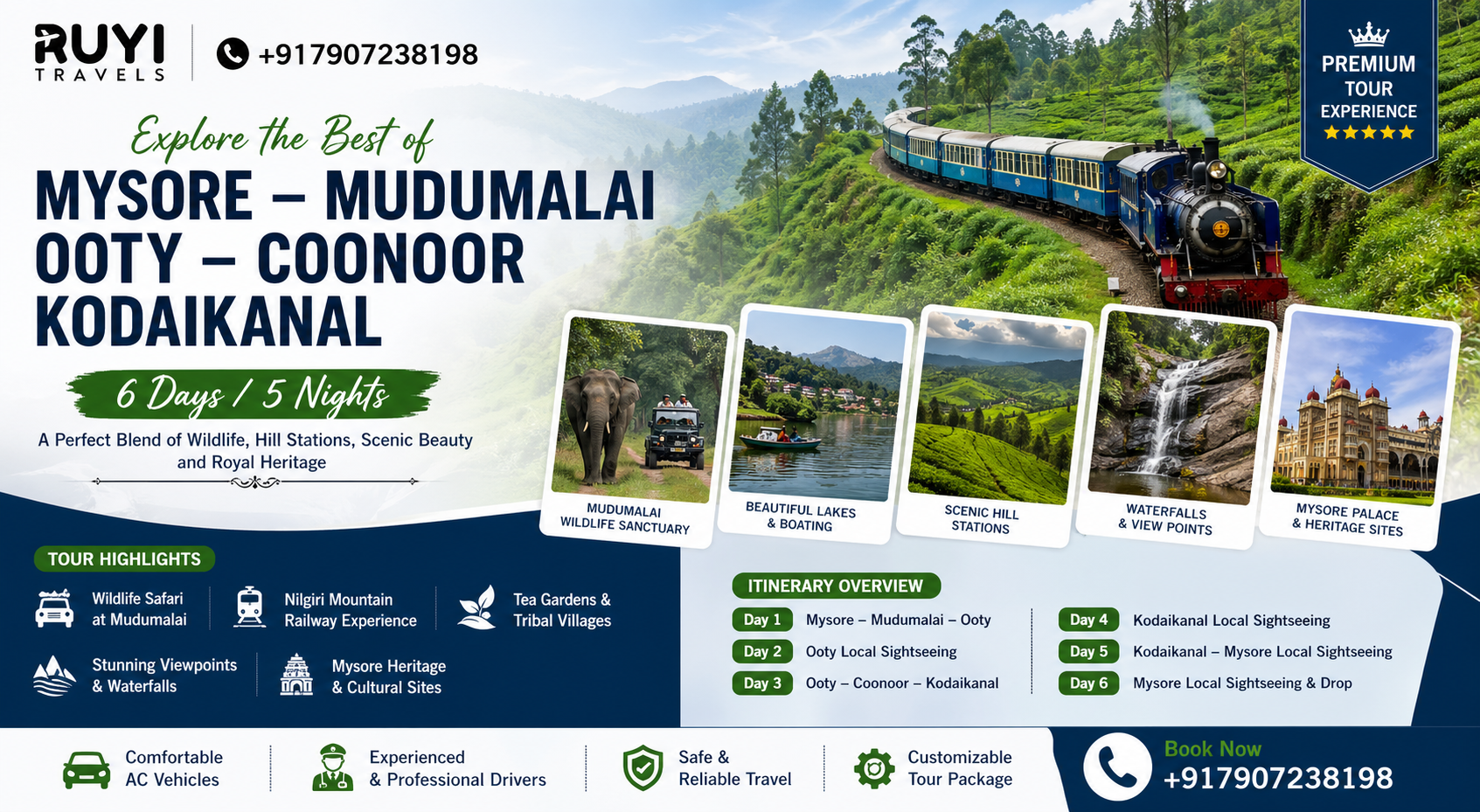 Mysore – Mudumalai – Ooty – Coonoor – Kodaikanal Tour Package (6 Days / 5 Nights)