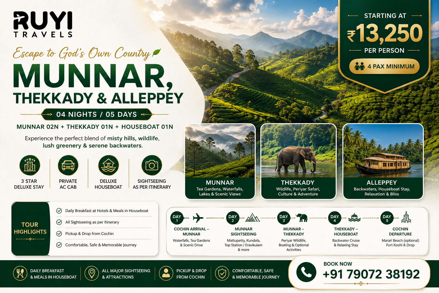 04  NIGHT / 05 DAYS MUNNAR, THEKKADY & ALLEPPEY TOUR PACKAGE ( 4 pax min ) 