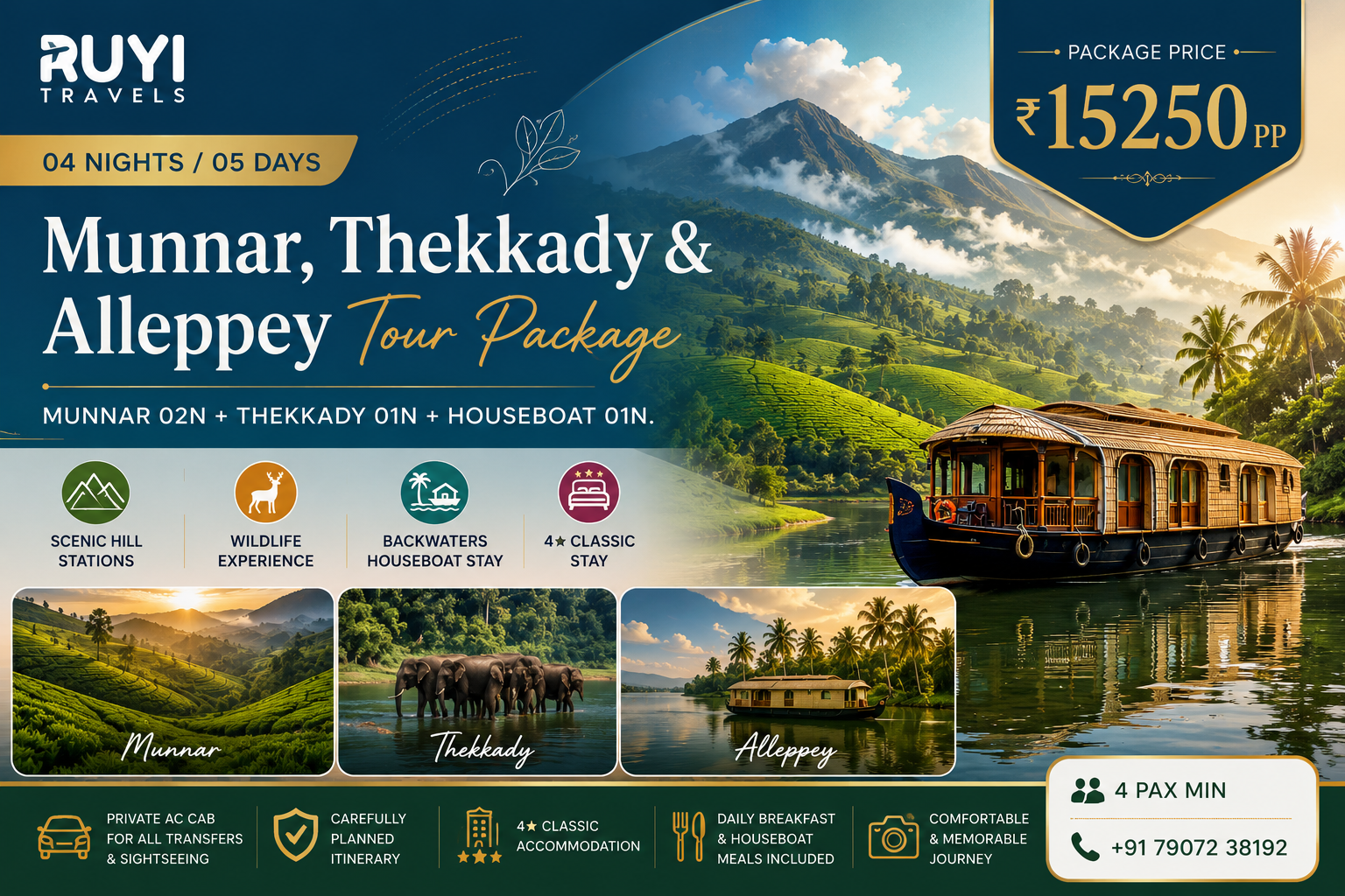 04 NIGHT / 05 DAYS MUNNAR, THEKKADY & ALLEPPEY TOUR PACKAGE ( 4 pax min) 