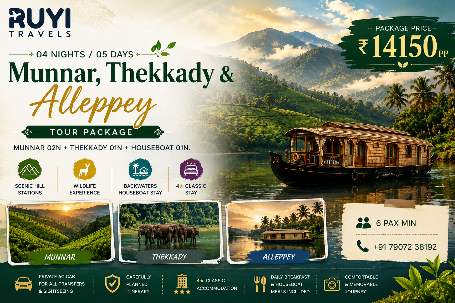 04 NIGHT / 05 DAYS MUNNAR, THEKKADY & ALLEPPEY TOUR PACKAGE (6 pax min )