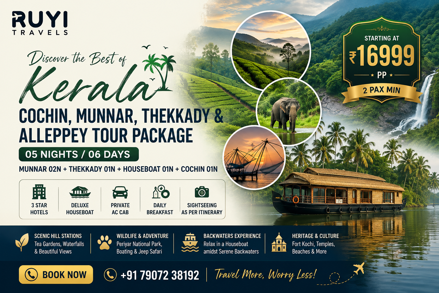 05 NIGHT / 06 DAYS COCHIN, MUNNAR, THEKKADY & ALLEPPEY TOUR PACKAGE ( 2pax min ) 