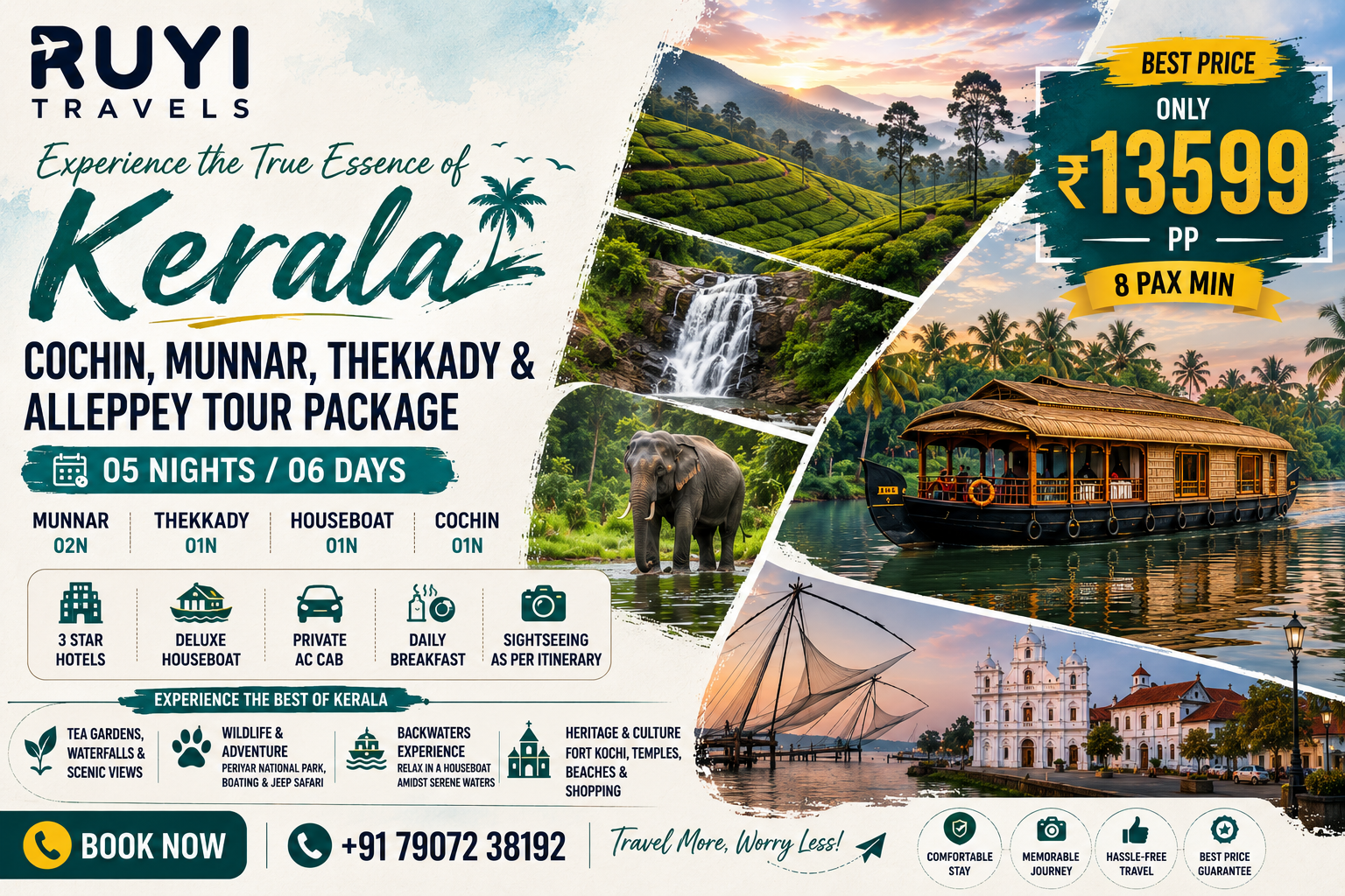 05 NIGHT / 06 DAYS COCHIN, MUNNAR, THEKKADY & ALLEPPEY TOUR PACKAGE ( 8 pax min ) 