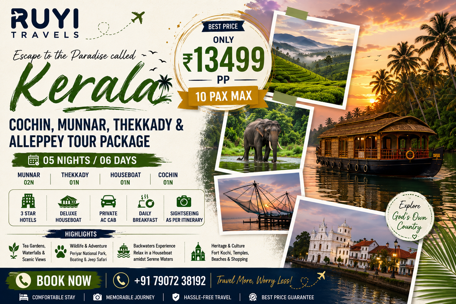 05 NIGHT / 06 DAYS COCHIN, MUNNAR, THEKKADY & ALLEPPEY TOUR PACKAGE ( 10 pax min ) 