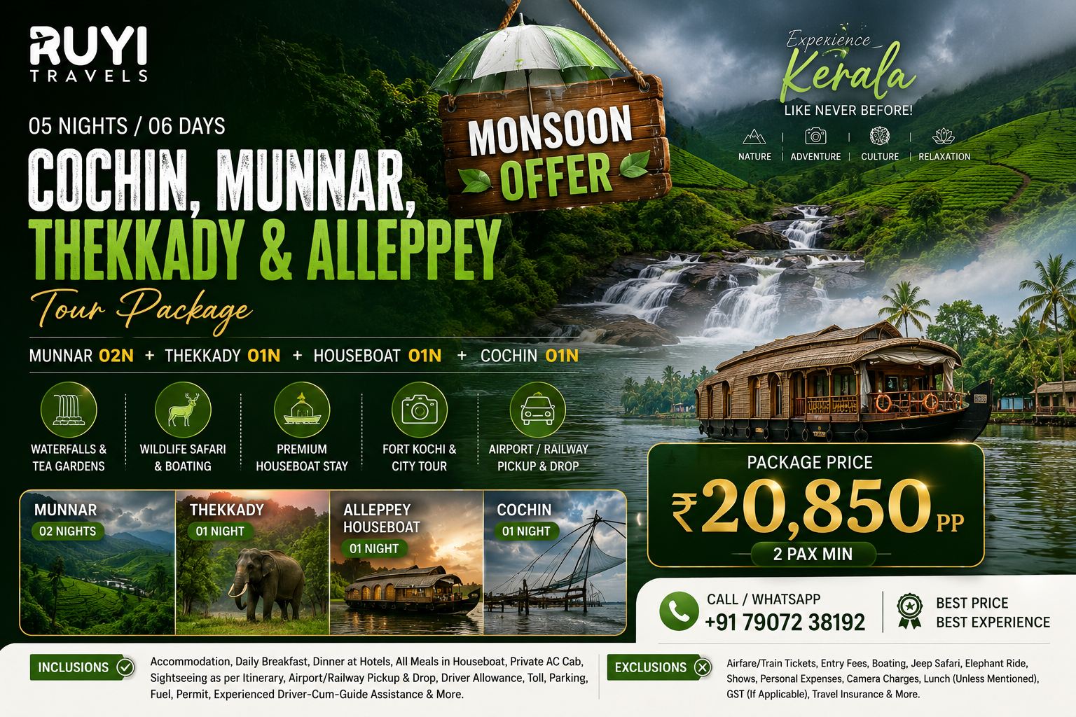 05 NIGHT / 06 DAYS COCHIN, MUNNAR, THEKKADY & ALLEPPEY TOUR PACKAGE ( 2 pax min) 