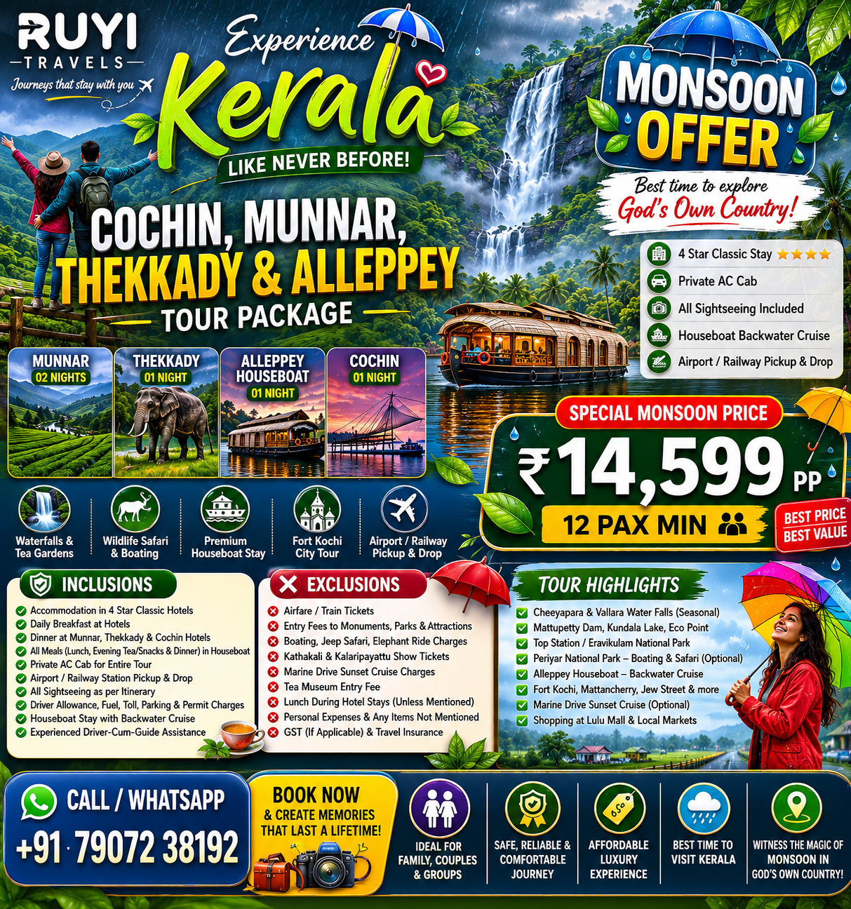05 NIGHT / 06 DAYS COCHIN, MUNNAR, THEKKADY & ALLEPPEY TOUR PACKAGE ( 12 pax min ) 