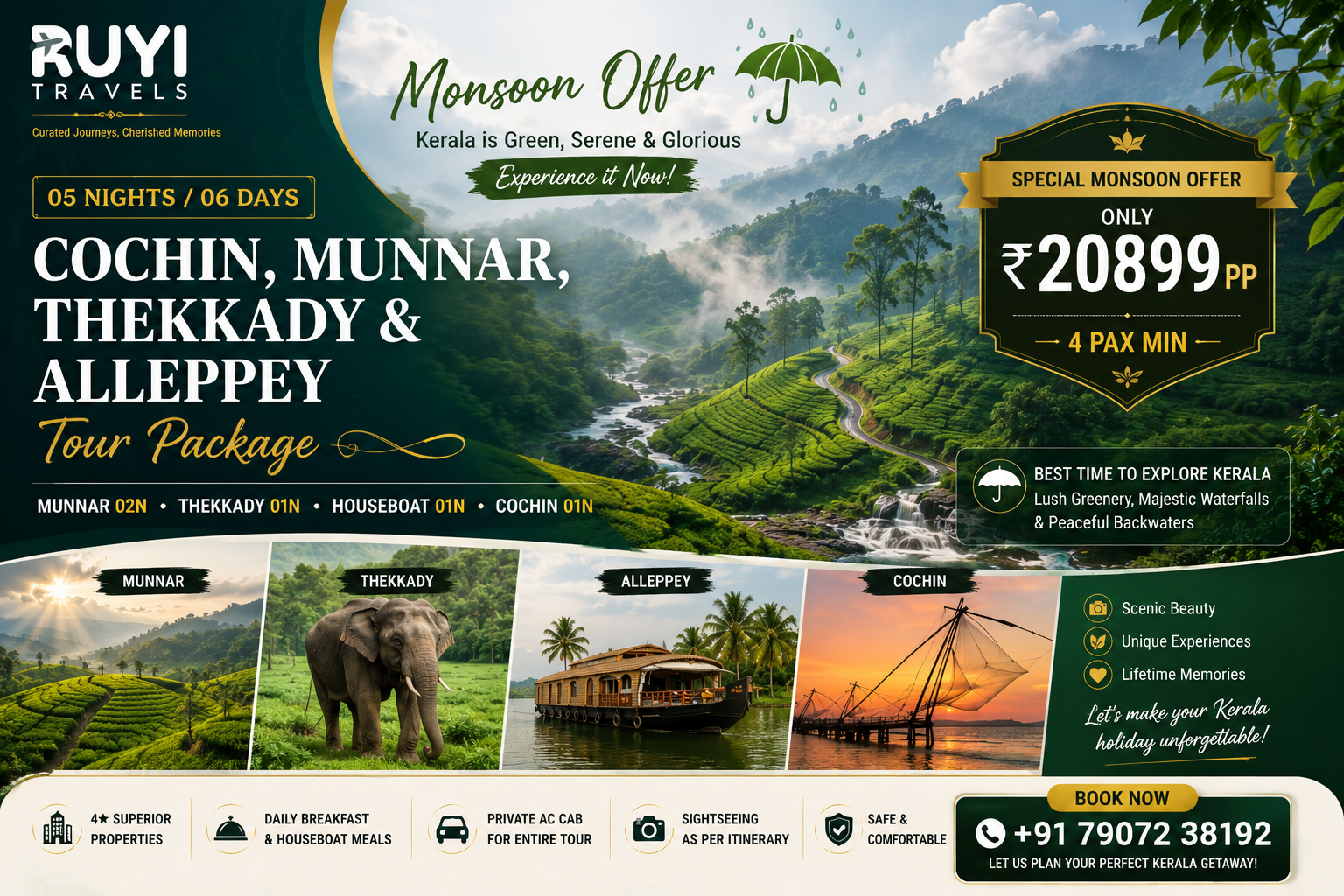 05 NIGHT / 06 DAYS COCHIN, MUNNAR, THEKKADY & ALLEPPEY TOUR PACKAGE (4 pax min )