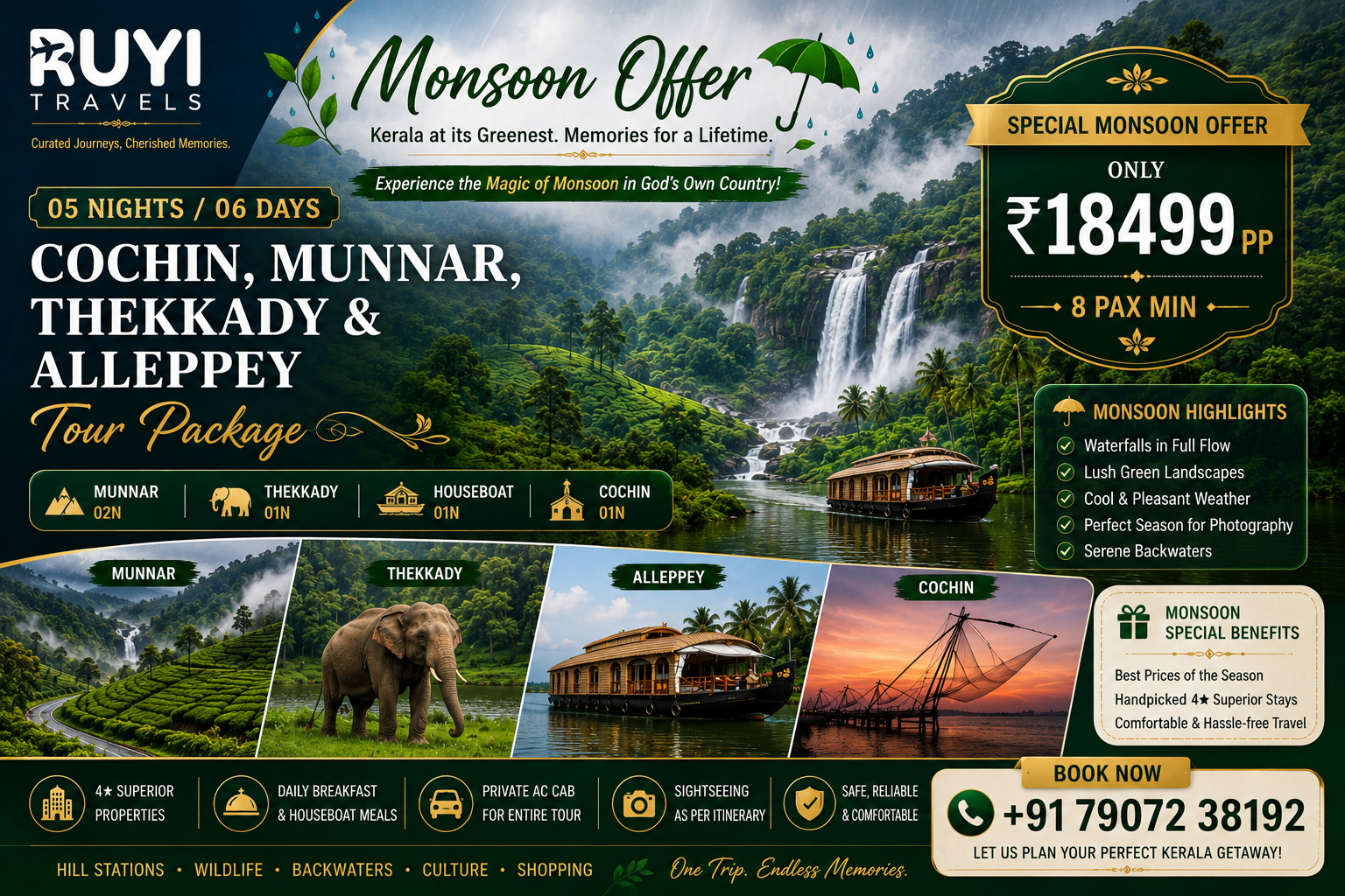 05 NIGHT / 06 DAYS COCHIN, MUNNAR, THEKKADY & ALLEPPEY TOUR PACKAGE (8 pax min )