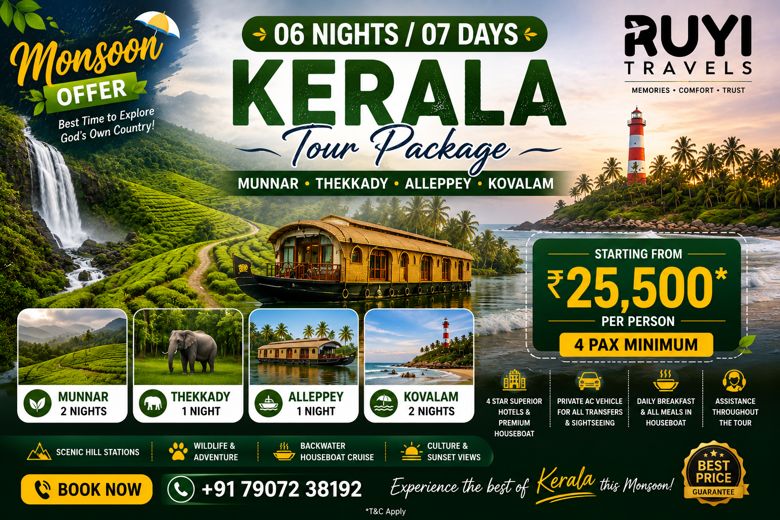 06 NIGHT / 07 DAYS MUNNAR, THEKKADY, ALLEPPEY & KOVALAM TOUR PACKAGE (4 pax min) 