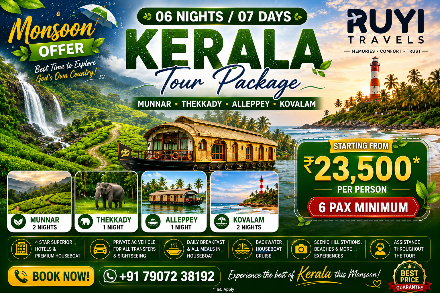 06 NIGHT / 07 DAYS MUNNAR, THEKKADY, ALLEPPEY & KOVALAM TOUR PACKAGE(6 pax min)