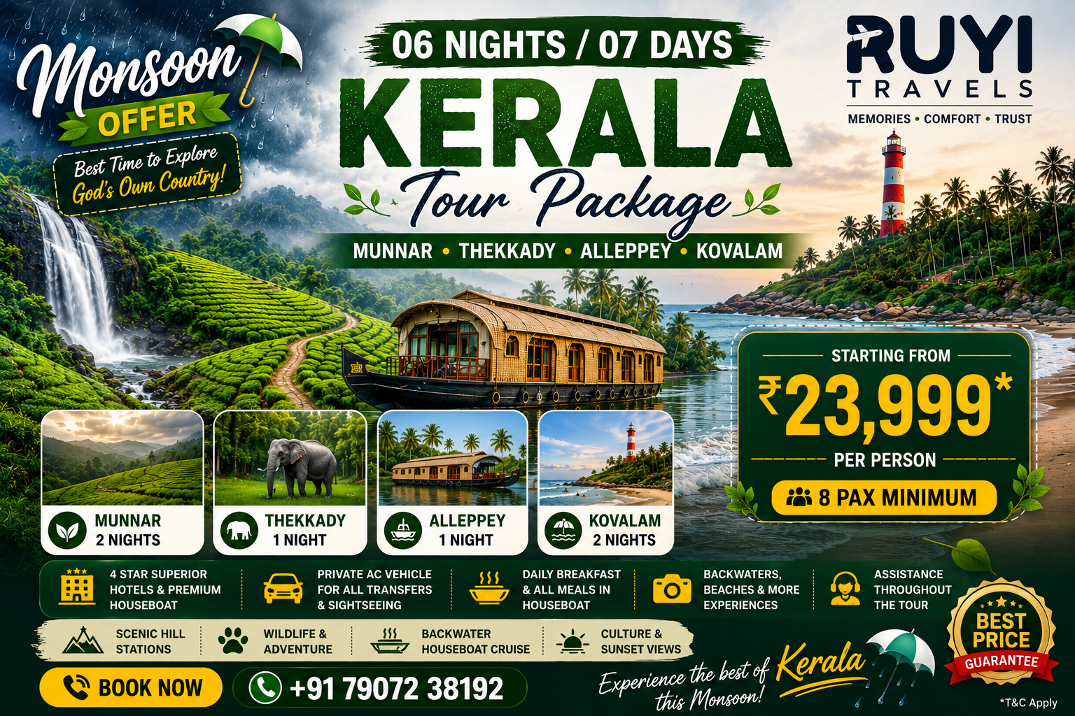 06 NIGHT / 07 DAYS MUNNAR, THEKKADY, ALLEPPEY & KOVALAM TOUR PACKAGE(8 pax min)