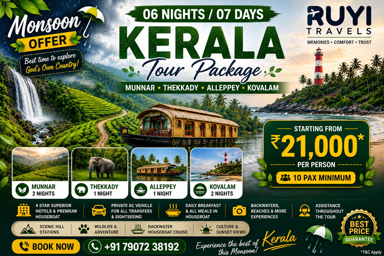 06 NIGHT / 07 DAYS MUNNAR, THEKKADY, ALLEPPEY & KOVALAM TOUR PACKAGE (10 pax min) 