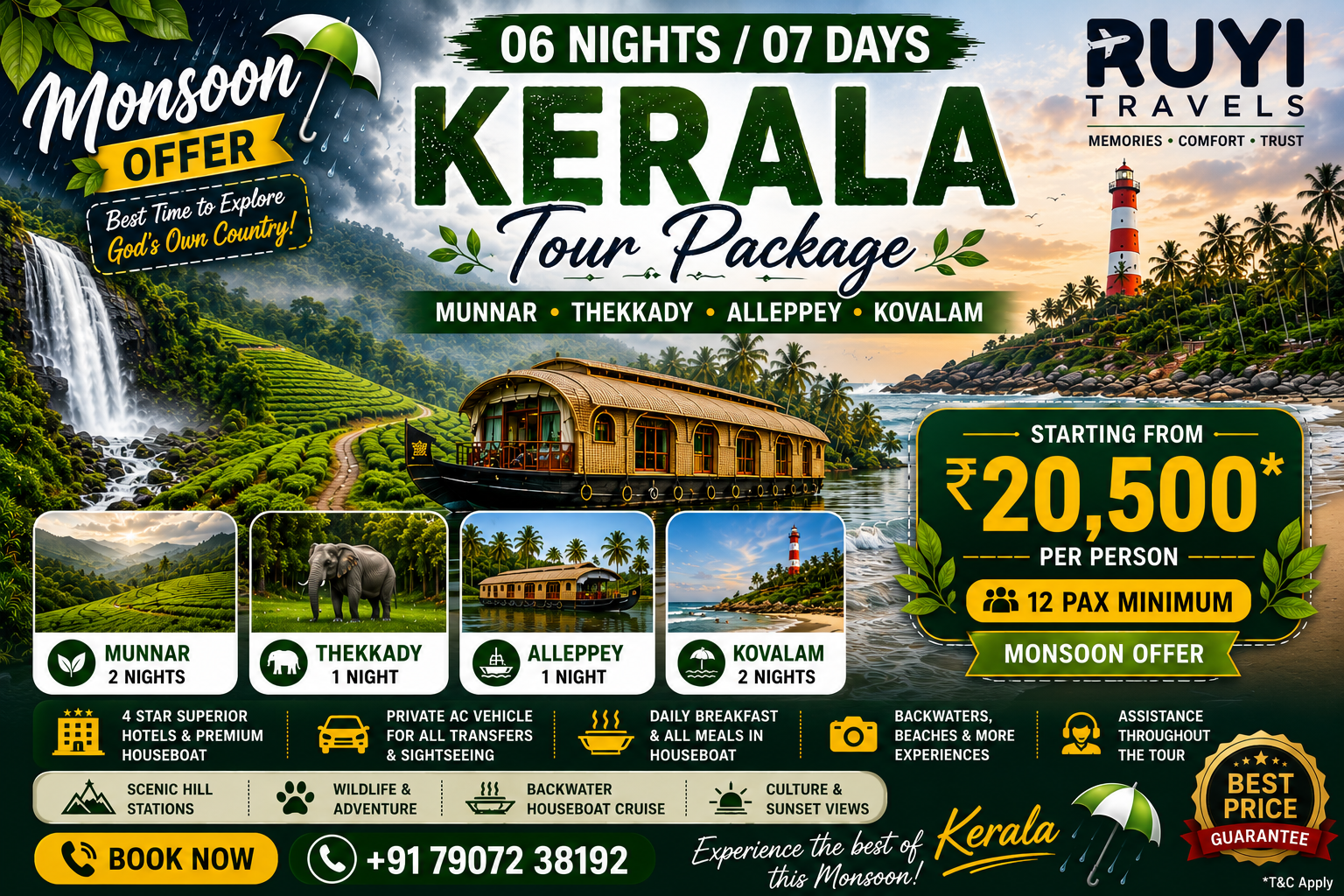 06 NIGHT / 07 DAYS MUNNAR, THEKKADY, ALLEPPEY & KOVALAM TOUR PACKAGE(12 pax min)