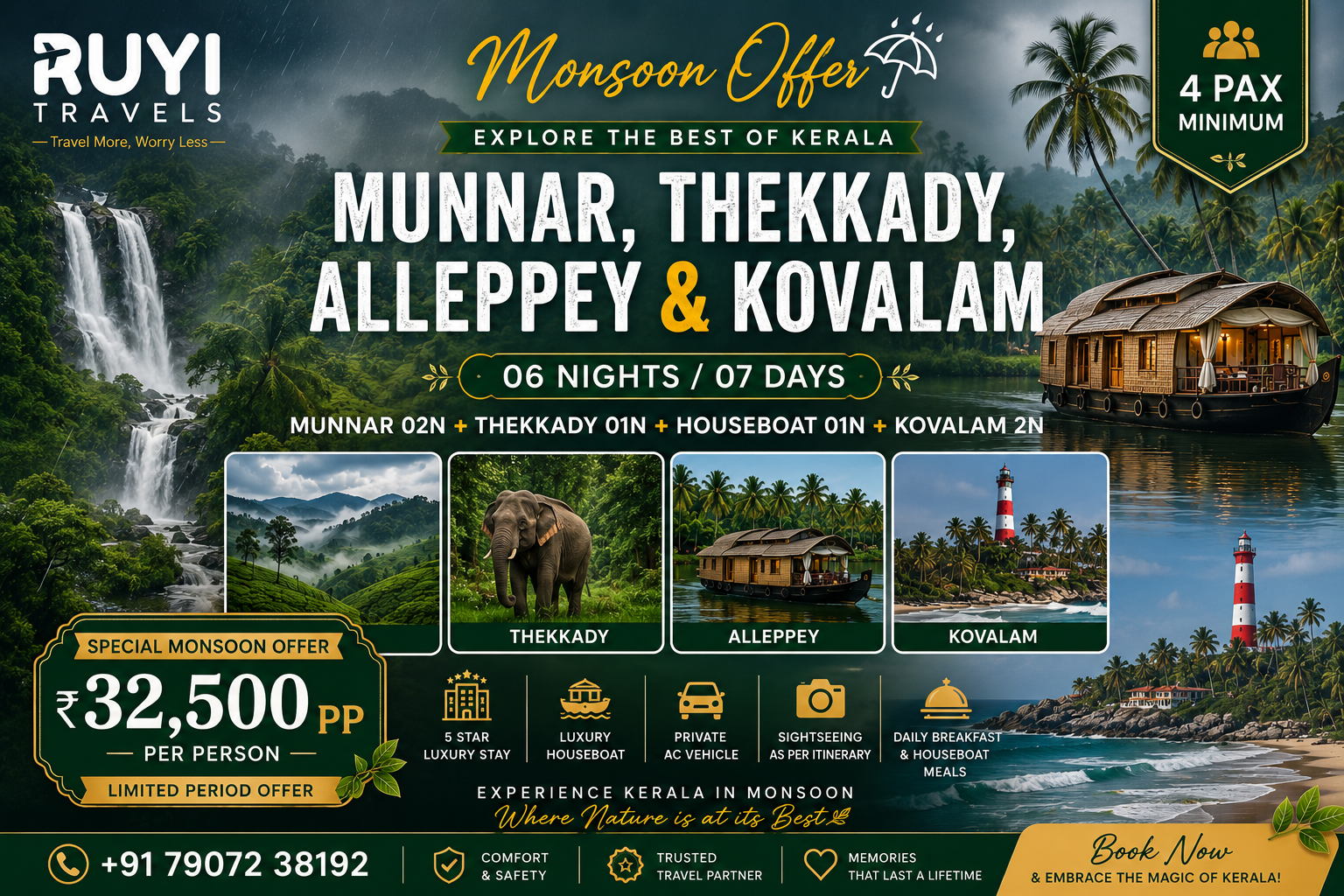 06 NIGHT / 07 DAYS MUNNAR, THEKKADY, ALLEPPEY & KOVALAM TOUR PACKAGE(4 pax min ) 