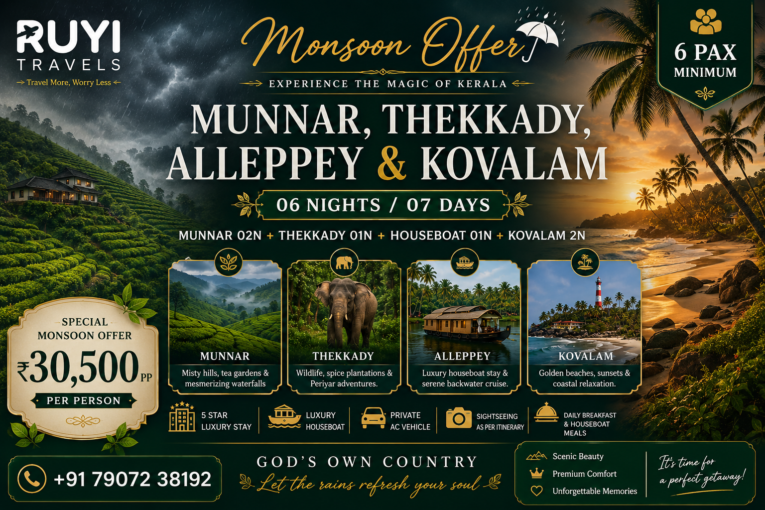 06 NIGHT / 07 DAYS MUNNAR, THEKKADY, ALLEPPEY & KOVALAM TOUR PACKAGE(6 pax min)