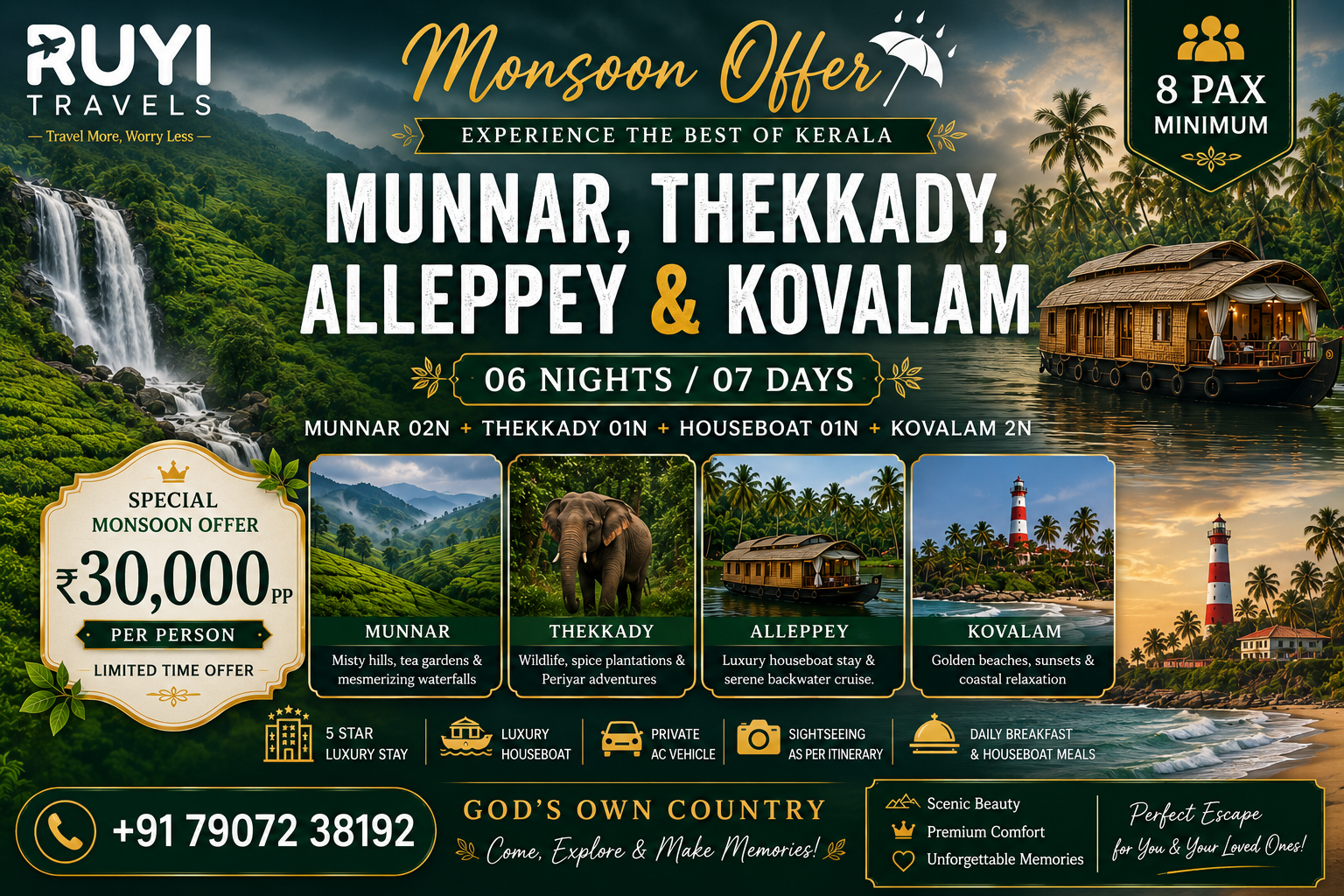 06 NIGHT / 07 DAYS MUNNAR, THEKKADY, ALLEPPEY & KOVALAM TOUR PACKAGE(8 pax min) 