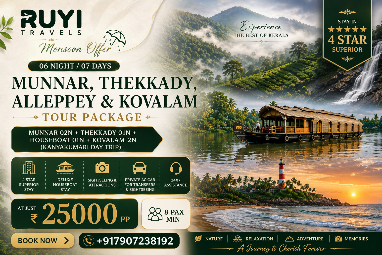 06 NIGHT / 07 DAYS MUNNAR, THEKKADY, ALLEPPEY & KOVALAM TOUR PACKAGE(8 pax min) 