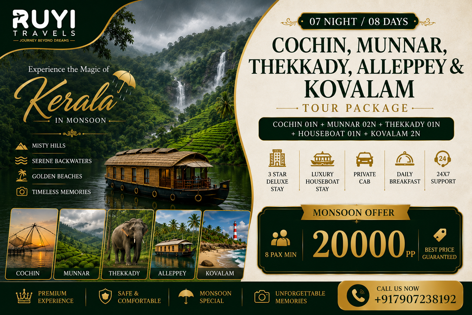 07 NIGHT / 08 DAYS COCHIN, MUNNAR, THEKKADY, ALLEPPEY & KOVALAM TOUR PACKAGE(8 pax min) 