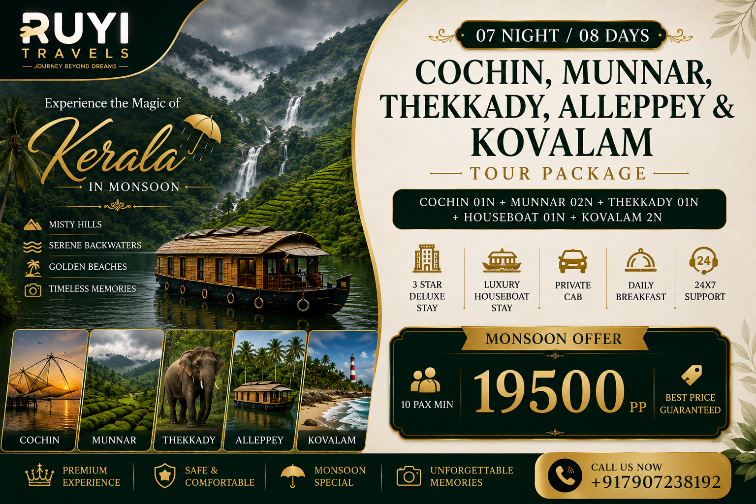 07 NIGHT / 08 DAYS COCHIN, MUNNAR, THEKKADY, ALLEPPEY & KOVALAM TOUR PACKAGE(10 pax min) 