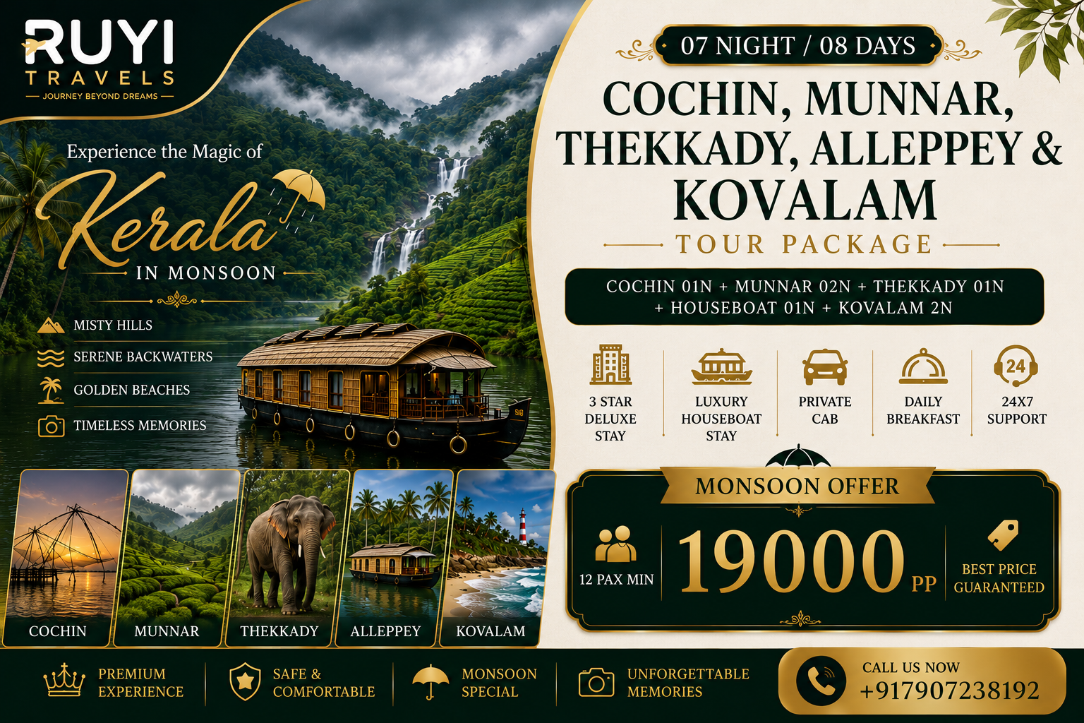 07 NIGHT / 08 DAYS COCHIN, MUNNAR, THEKKADY, ALLEPPEY & KOVALAM TOUR PACKAGE(12 pax min) 