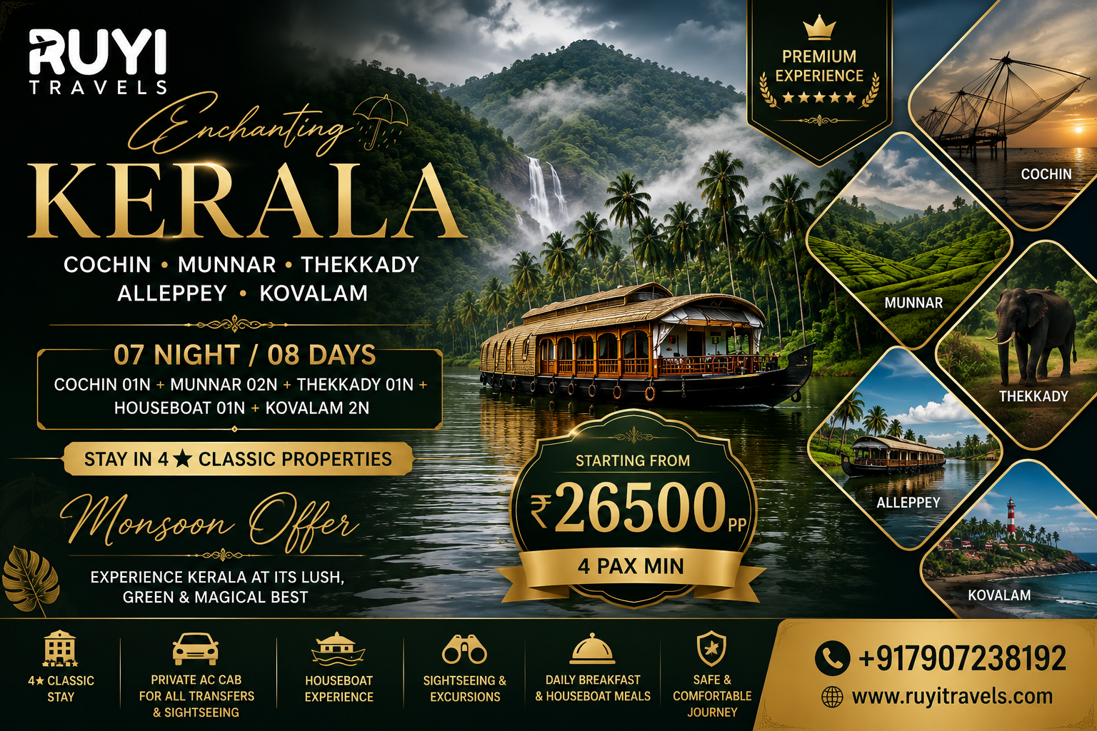 07 NIGHT / 08 DAYS COCHIN, MUNNAR, THEKKADY, ALLEPPEY & KOVALAM TOUR PACKAGE(4 pax min) 