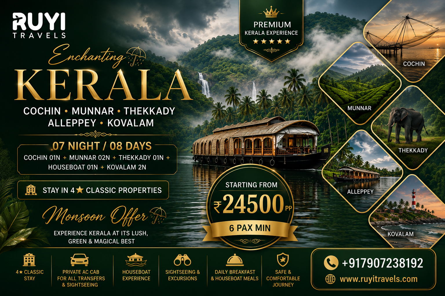 07 NIGHT / 08 DAYS COCHIN, MUNNAR, THEKKADY, ALLEPPEY & KOVALAM TOUR PACKAGE(6 pax min) 