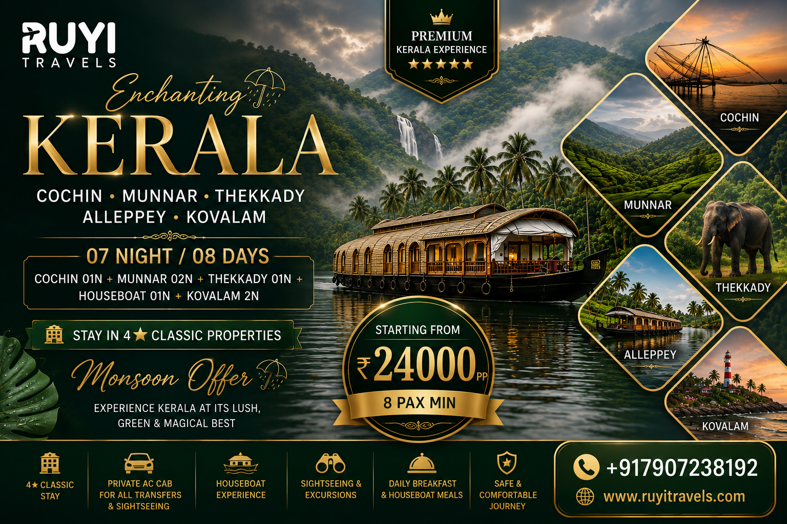 07 NIGHT / 08 DAYS COCHIN, MUNNAR, THEKKADY, ALLEPPEY & KOVALAM TOUR PACKAGE(8 pax min) 