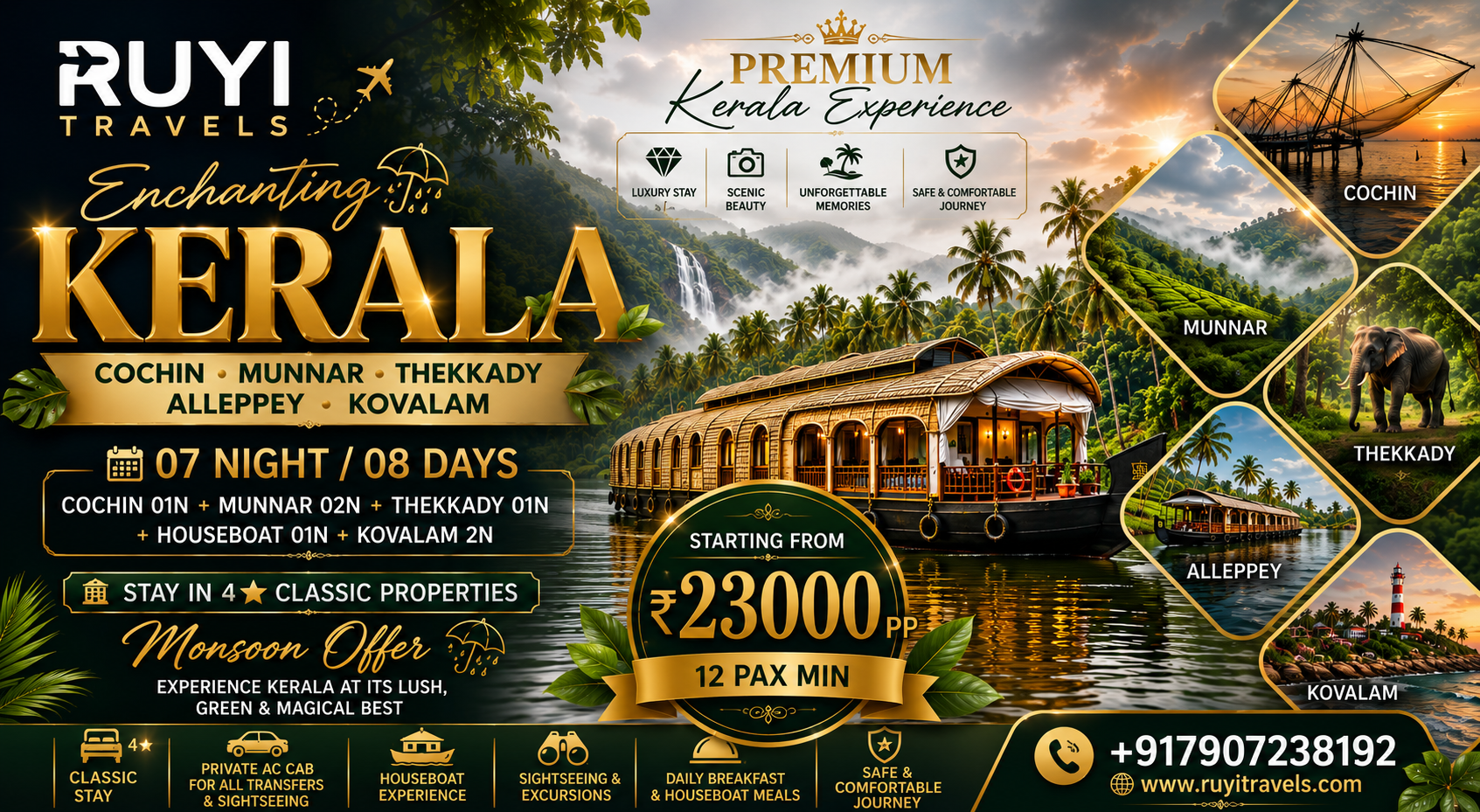 07 NIGHT / 08 DAYS COCHIN, MUNNAR, THEKKADY, ALLEPPEY & KOVALAM TOUR PACKAGE(12 pax min ) 
