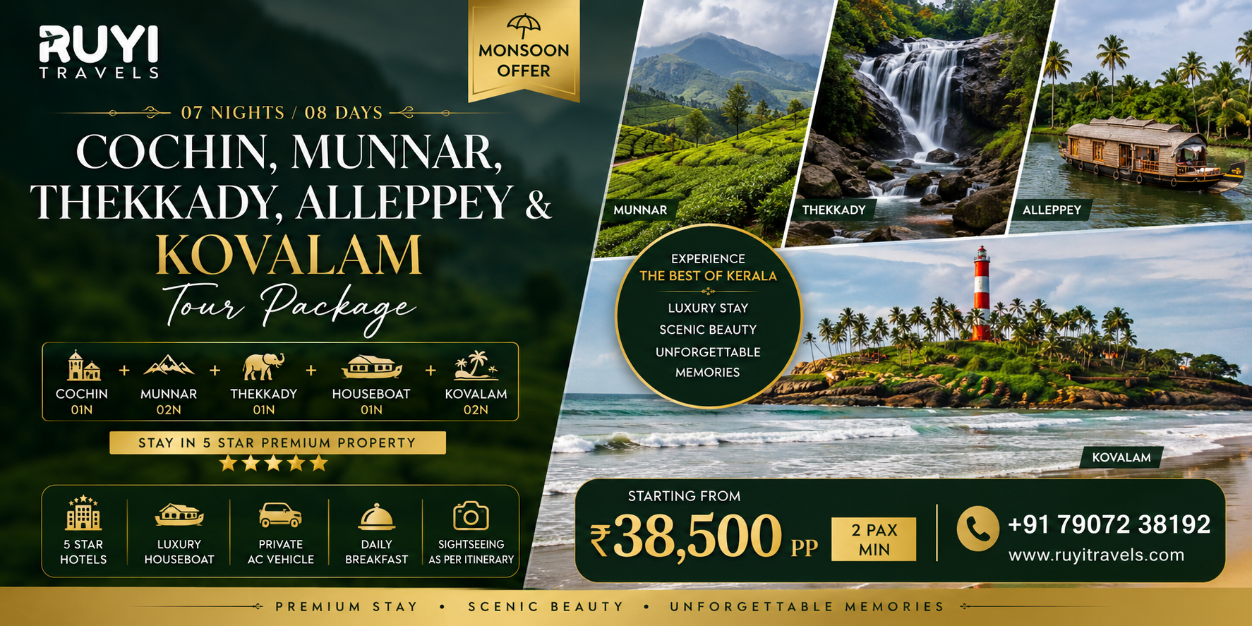 07 NIGHT / 08 DAYS COCHIN, MUNNAR, THEKKADY, ALLEPPEY & KOVALAM TOUR PACKAGE(2 pax min ) 