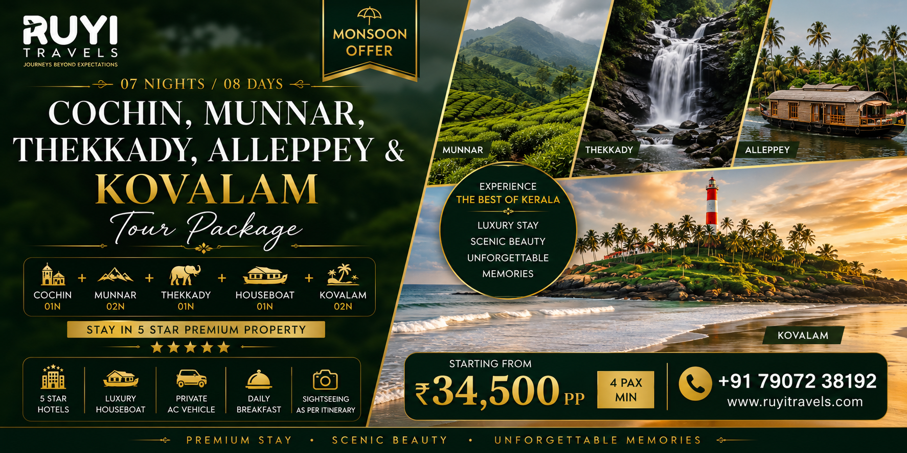 07 NIGHT / 08 DAYS COCHIN, MUNNAR, THEKKADY, ALLEPPEY & KOVALAM TOUR PACKAGE(4 pax min) 