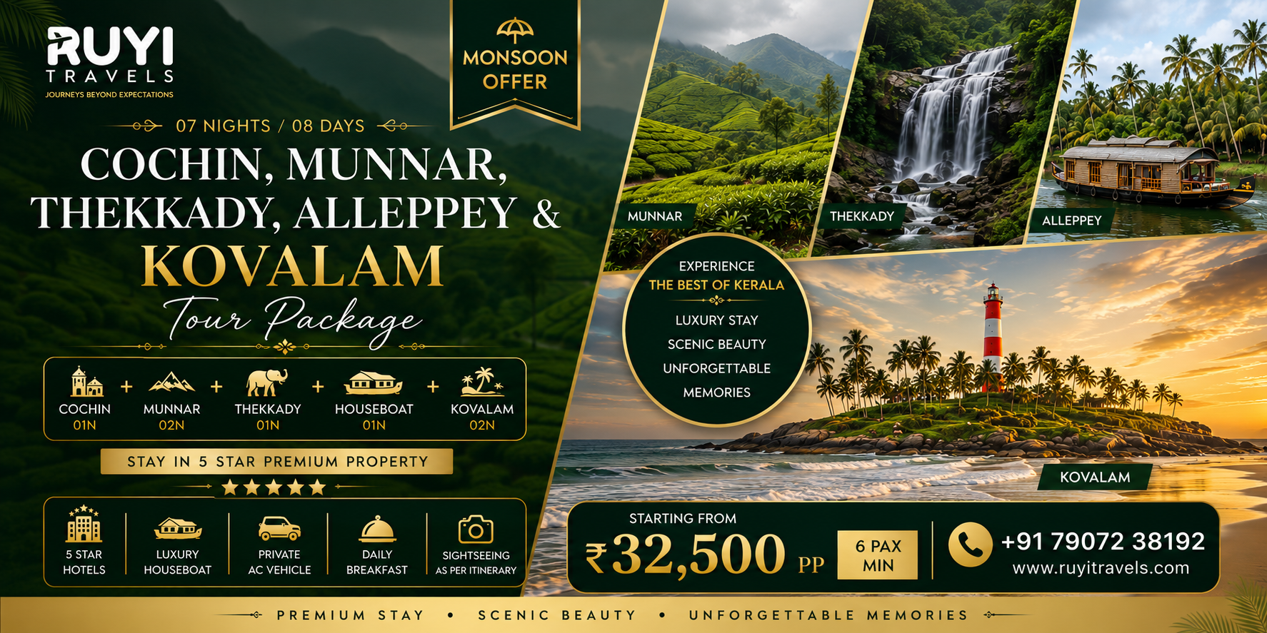07 NIGHT / 08 DAYS COCHIN, MUNNAR, THEKKADY, ALLEPPEY & KOVALAM TOUR PACKAGE(6 pax min ) 