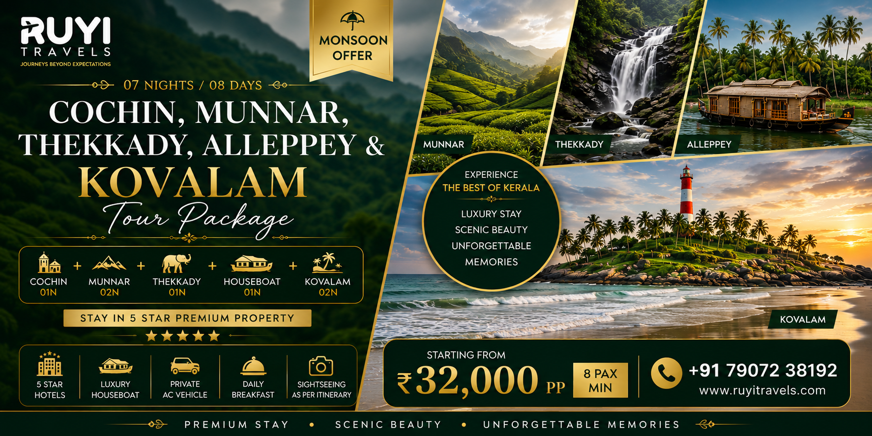 07 NIGHT / 08 DAYS COCHIN, MUNNAR, THEKKADY, ALLEPPEY & KOVALAM TOUR PACKAGE(8 pax min ) 