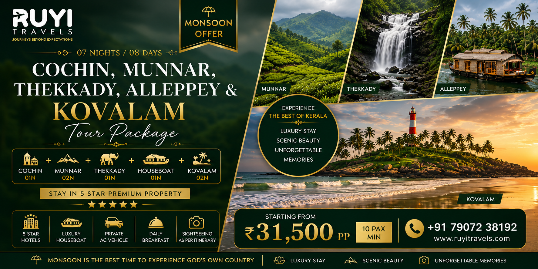 07 NIGHT / 08 DAYS COCHIN, MUNNAR, THEKKADY, ALLEPPEY & KOVALAM TOUR PACKAGE(10 pax min ) 