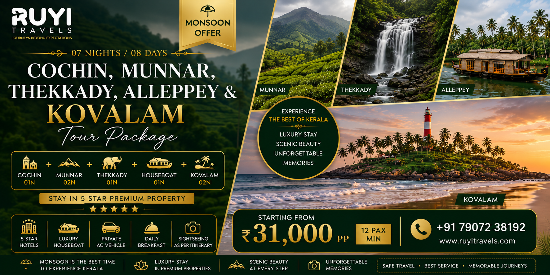 07 NIGHT / 08 DAYS COCHIN, MUNNAR, THEKKADY, ALLEPPEY & KOVALAM TOUR PACKAGE(12 pax min ) 