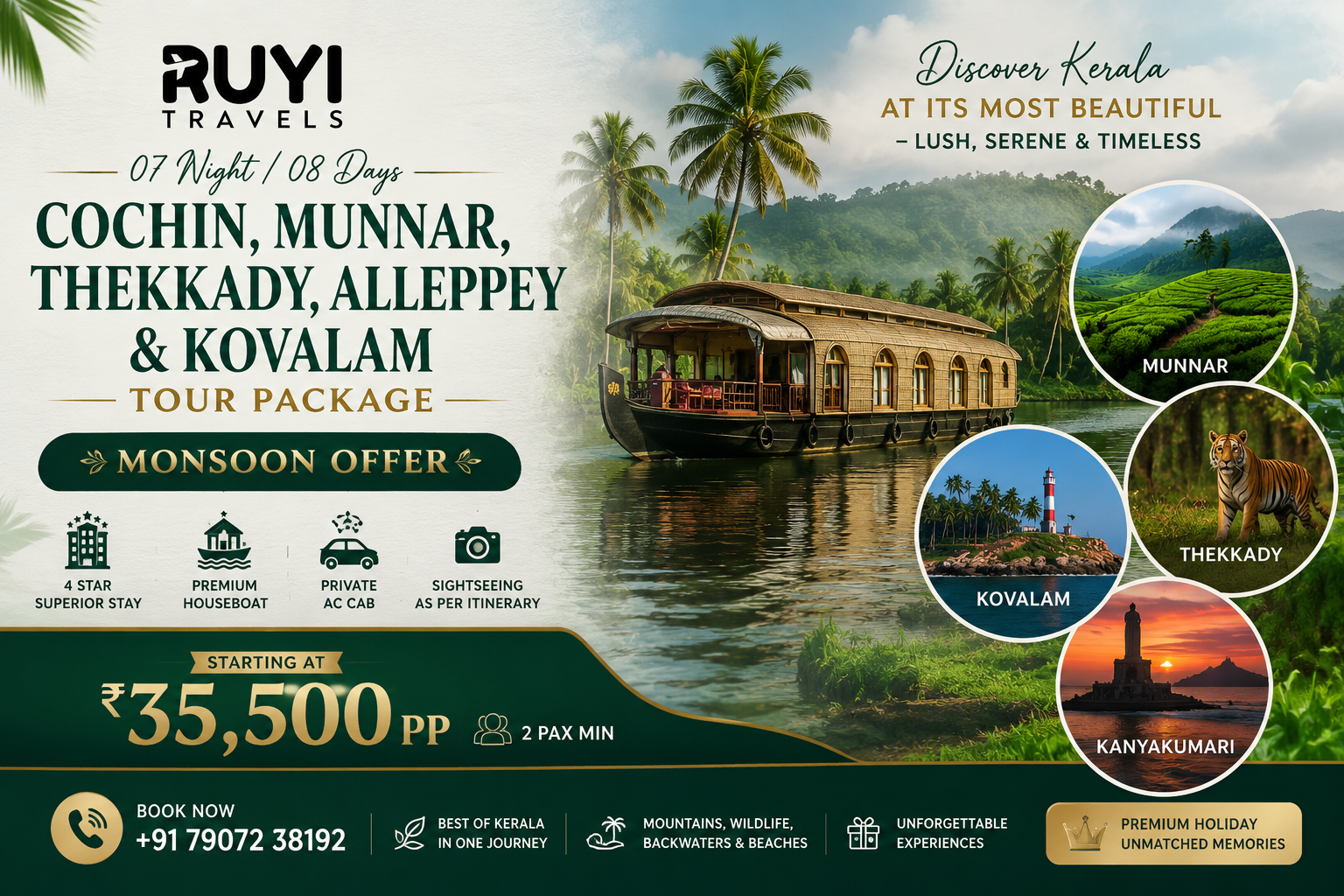 07 NIGHT / 08 DAYS COCHIN, MUNNAR, THEKKADY, ALLEPPEY & KOVALAM TOUR PACKAGE(2 pax min) 