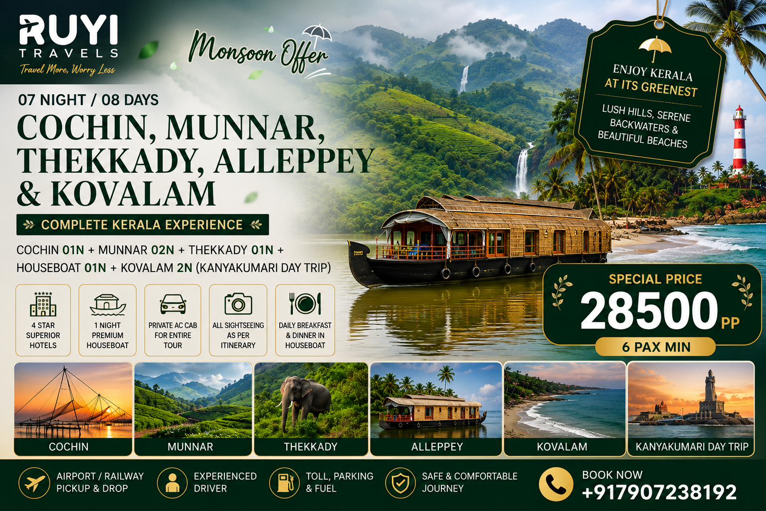 07 NIGHT / 08 DAYS COCHIN, MUNNAR, THEKKADY, ALLEPPEY & KOVALAM TOUR PACKAGE(6 pax min) 