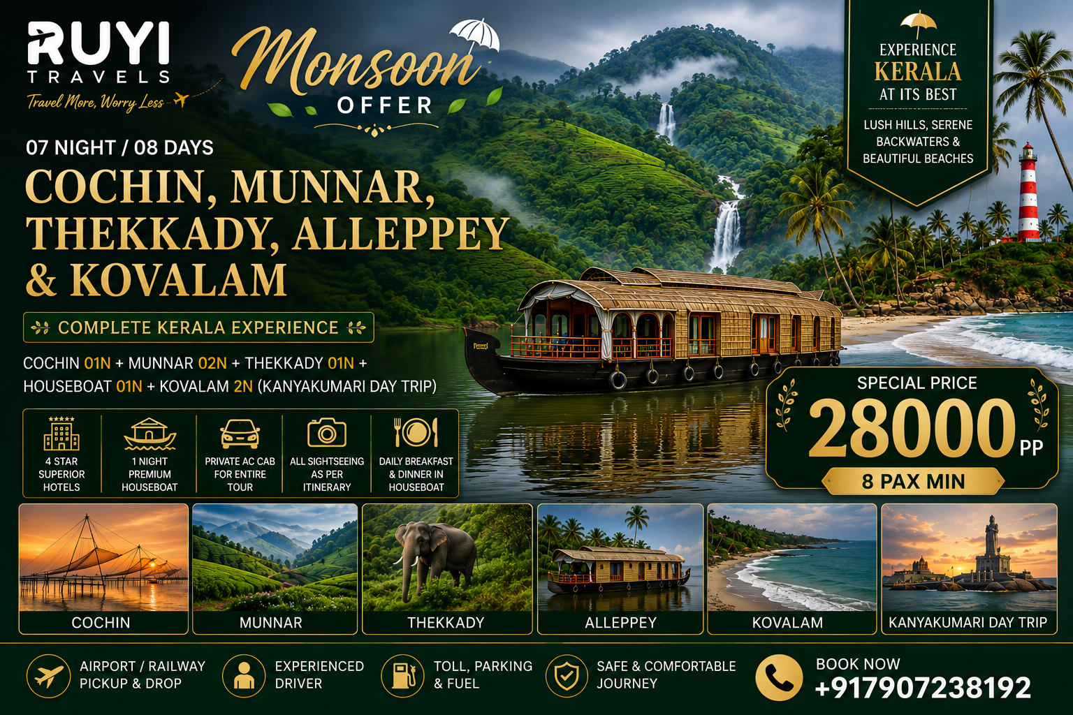 07 NIGHT / 08 DAYS COCHIN, MUNNAR, THEKKADY, ALLEPPEY & KOVALAM TOUR PACKAGE(8 pax min) 