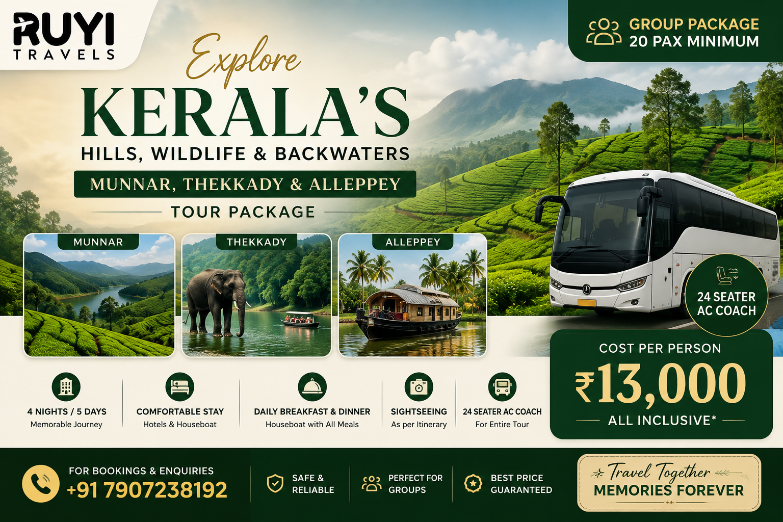 04 NIGHT / 05 DAYS MUNNAR, THEKKADY & ALLEPPEY TOUR PACKAGE( 20 pax min ) Group tour package 