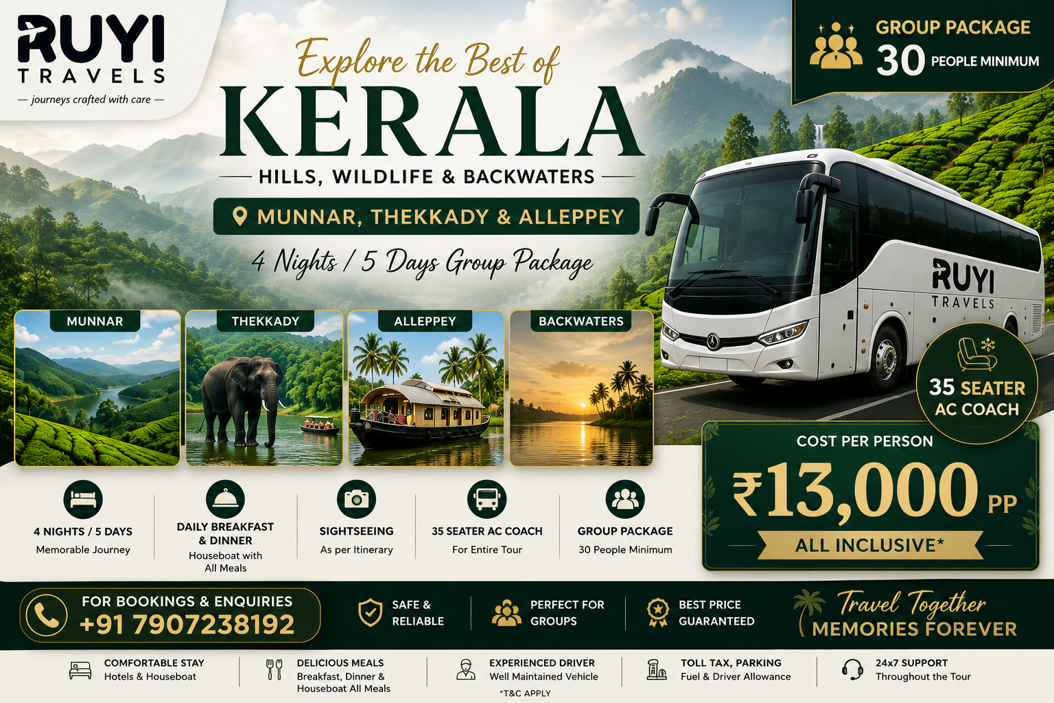 04 NIGHT / 05 DAYS MUNNAR, THEKKADY & ALLEPPEY TOUR PACKAGE(30 pax min) group tour package 