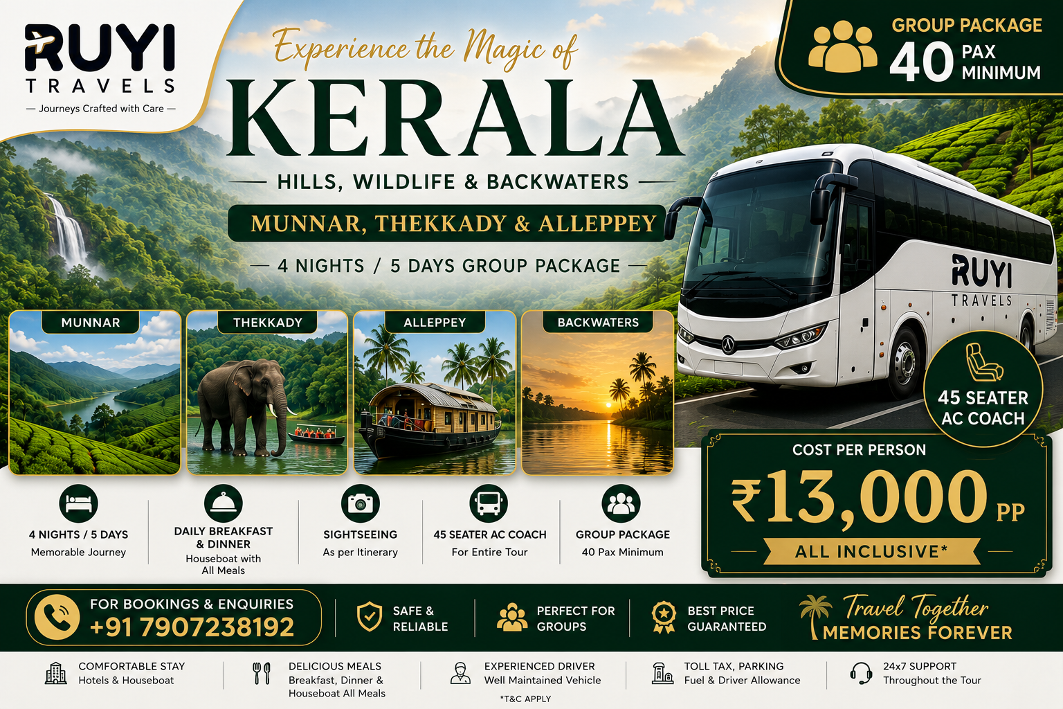 04 NIGHT / 05 DAYS MUNNAR, THEKKADY & ALLEPPEY TOUR PACKAGE(40 pax min) group tour package 