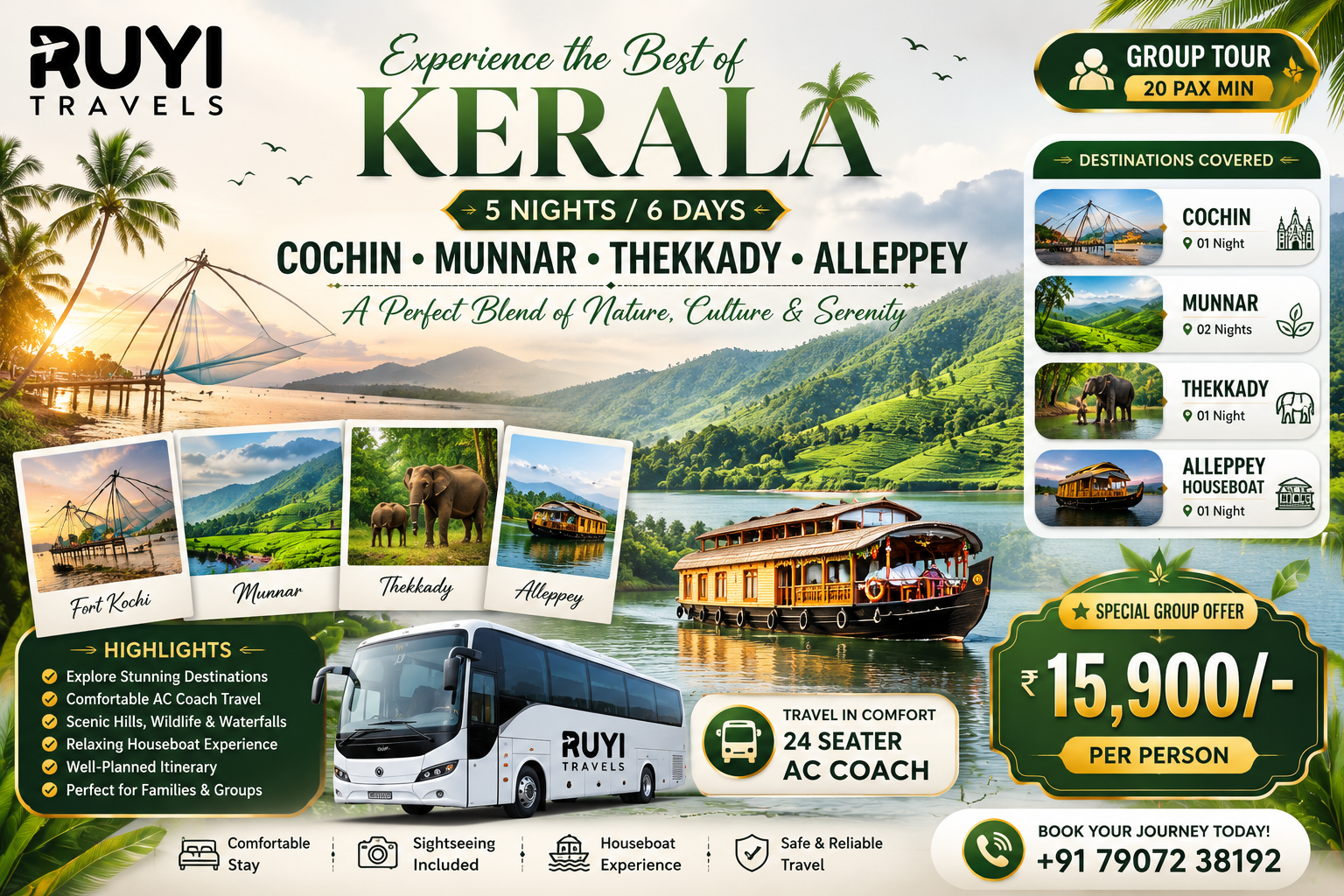 05 NIGHT / 06 DAYS COCHIN, MUNNAR, THEKKADY, ALLEPPEY TOUR PACKAGE(20 pax min) group tour package 